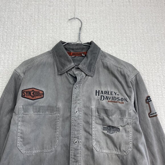 Y2K Harley-Davidson Men’s Gray Denim Button Shirt Embroidered Logo Patches Read - Picture 2 of 15